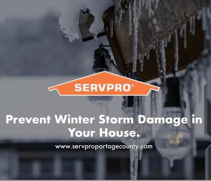 Orange SERVPRO  house logo on image of icicles on a house 
